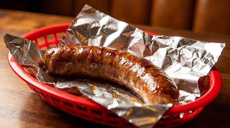 A glistening, cooked sausage rests in a red basket lined with crinkled aluminum foil on a wooden table.