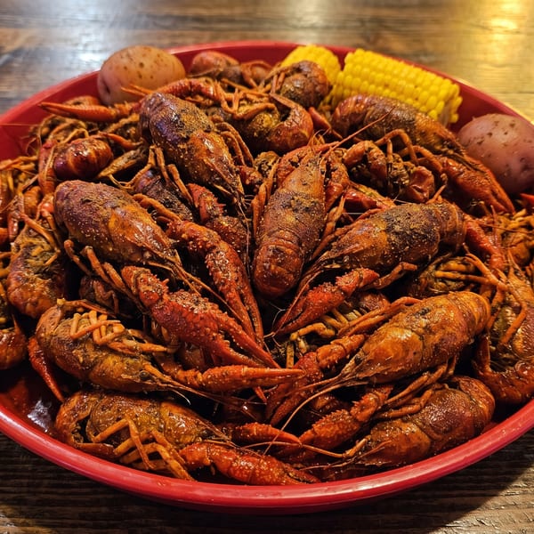 A large red platter overflowing with seasoned crawfish, corn on the cob, and potatoes.