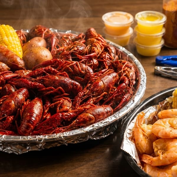 Steaming crawfish boil with sausage, corn, potatoes, and a side of shrimp on a wooden table.