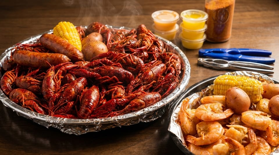 Steaming crawfish boil with sausage, corn, potatoes, and a side of shrimp on a wooden table.